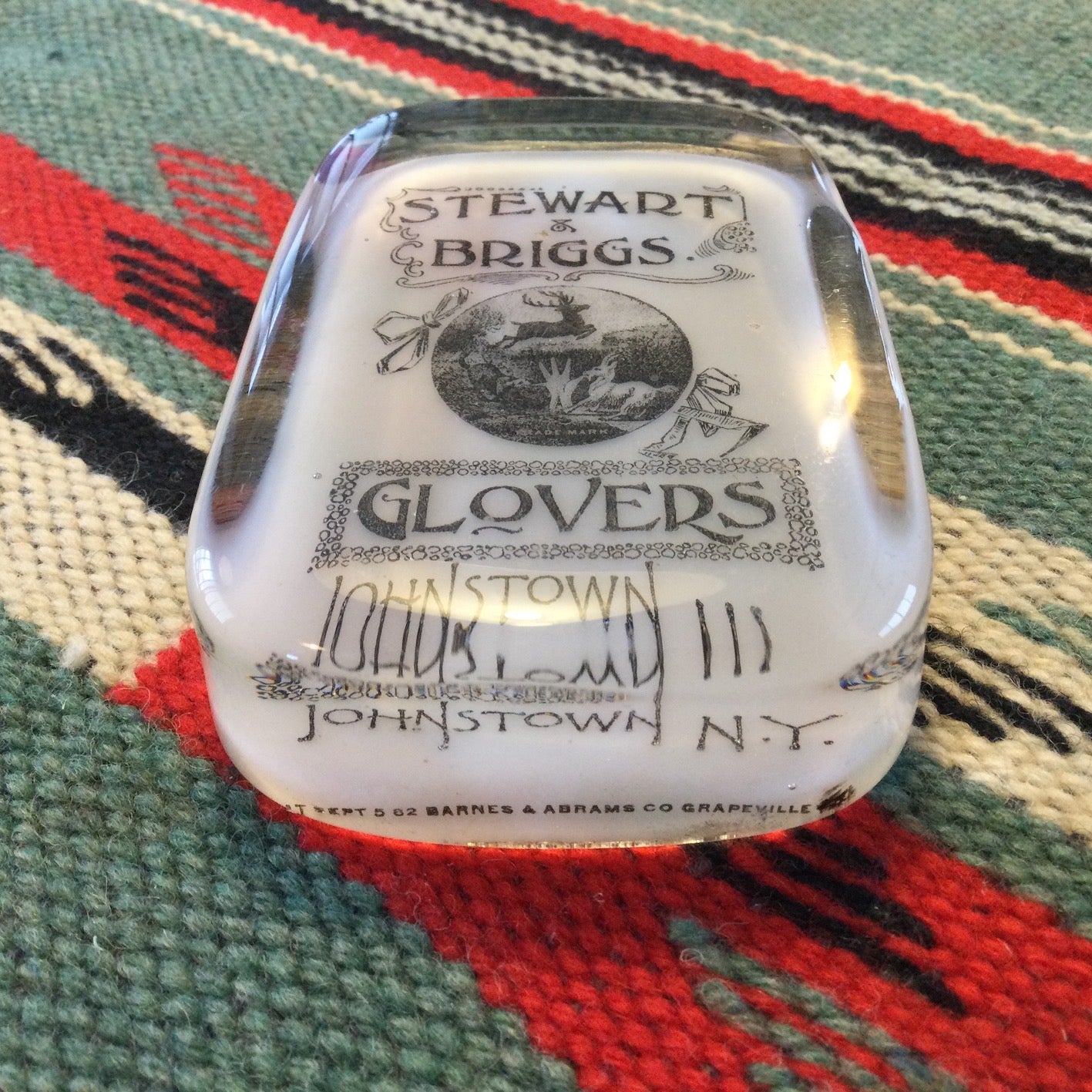 1880's~ "Stewart& Briggs Glovers" glass advertising paperweight