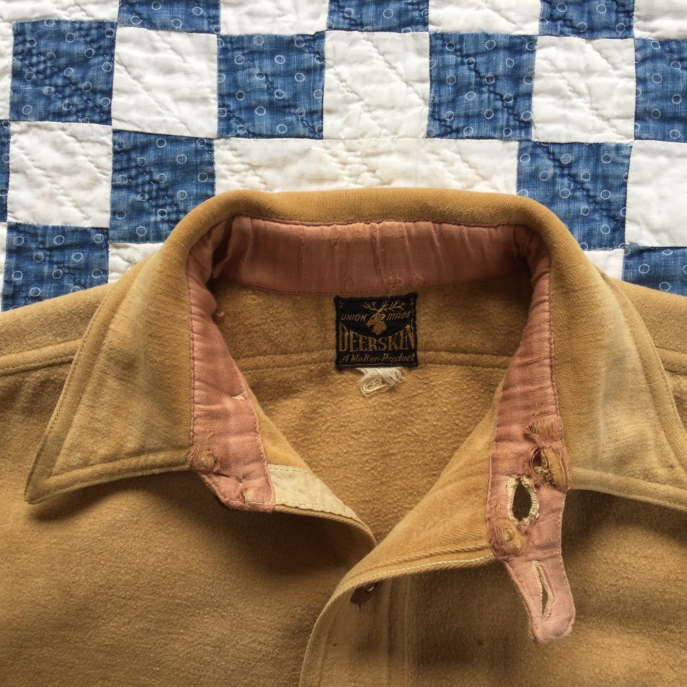 30's Deer Skin heavy cotton flannel shirt w/ chin strap